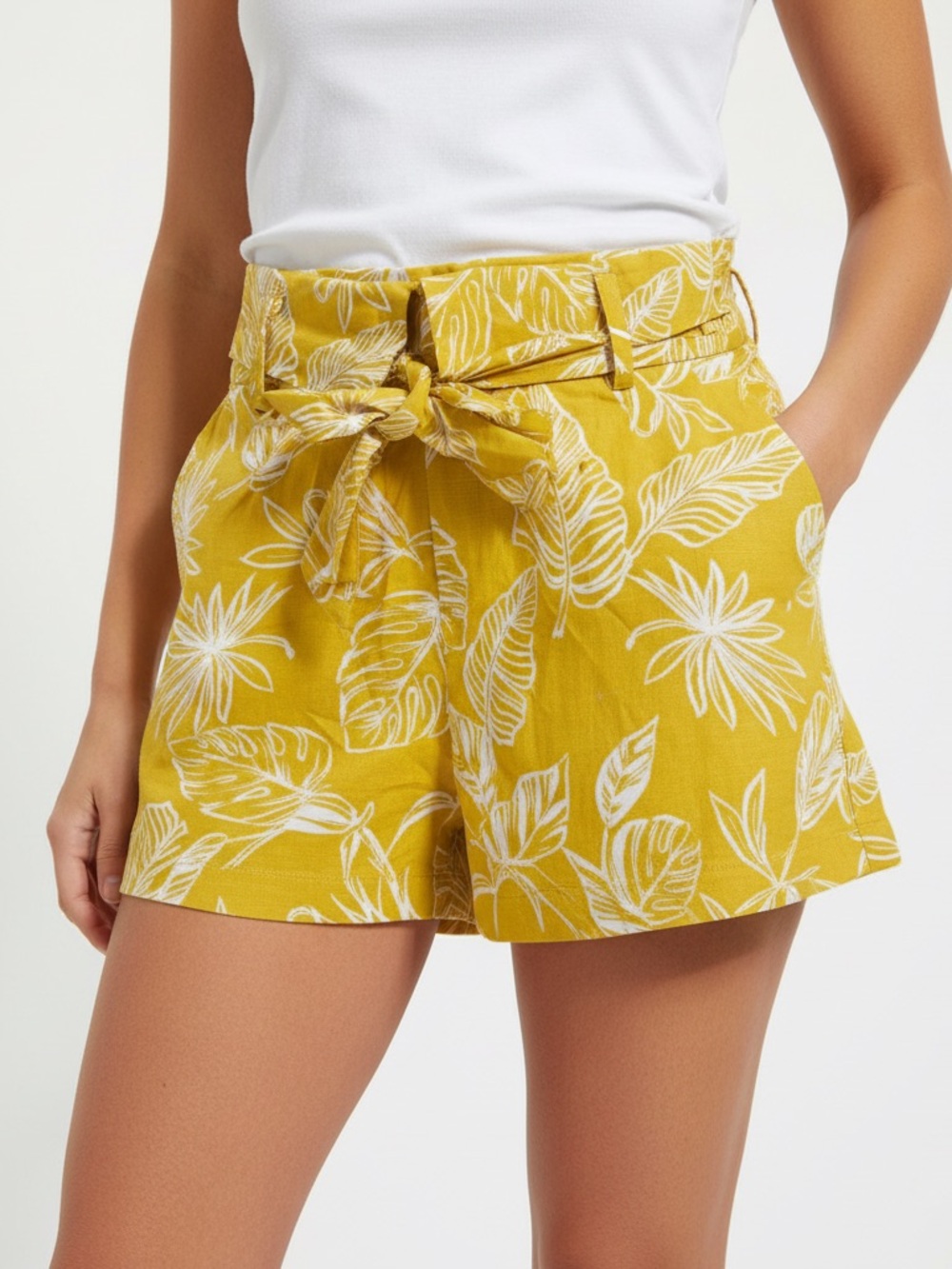 Forever 21 Yellow Tropical Tie-Waist Shorts
